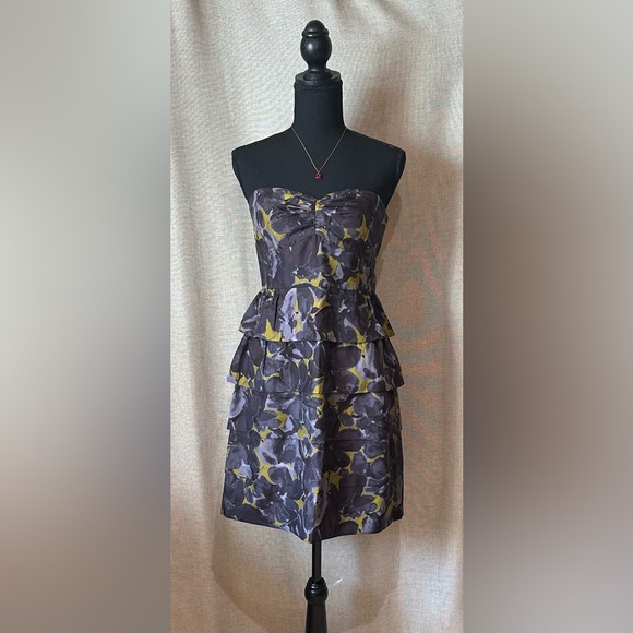 J. Crew•strapless silk mini dress•women’s 6•black/gray floral•peplum/ruffle - Picture 1 of 14
